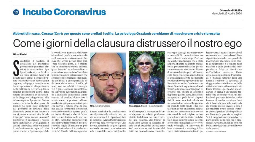 Incubo Coronavirus. Come i giorni della clausura distrussero il nostro ego. Intervista ad Antonio Cerasa. Focus Giornale di Sicilia.